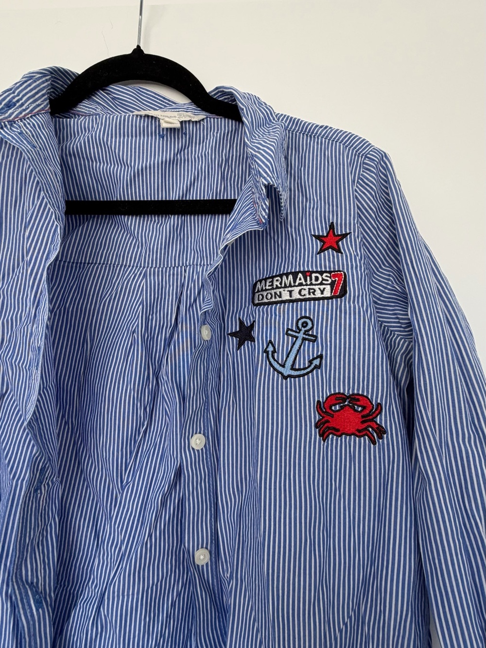 Striped Blue Button-Down Shirt with Nautical Patches